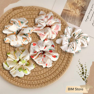 Dây cột tóc vải Scrunchies đũi xốp vintage hoa nhí, gấu dâu phồng đẹp nhiều mẫu