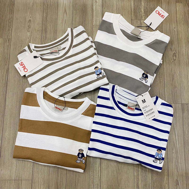 Áo thun croptop sọc thêu logo gấu Spao