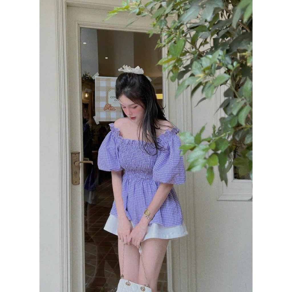 Áo Babydoll Trễ Vai Nhún Tay Phồng