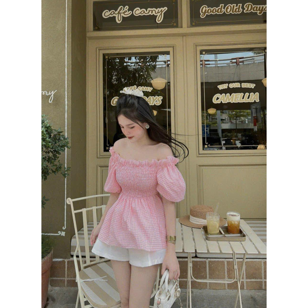 Áo Babydoll Trễ Vai Nhún Tay Phồng