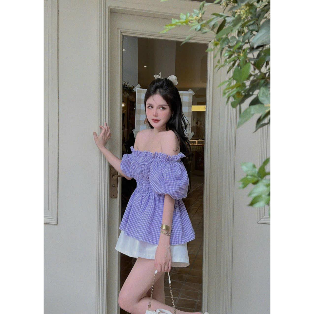Áo Babydoll Trễ Vai Nhún Tay Phồng