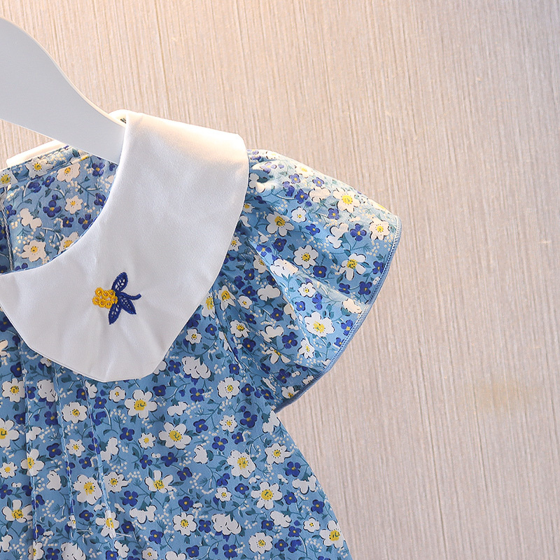 Đầm công chúa tay ngắn cổ búp bê thêu hoa phong cách mùa hè thời trang cho bé gái 1-3 tuổi