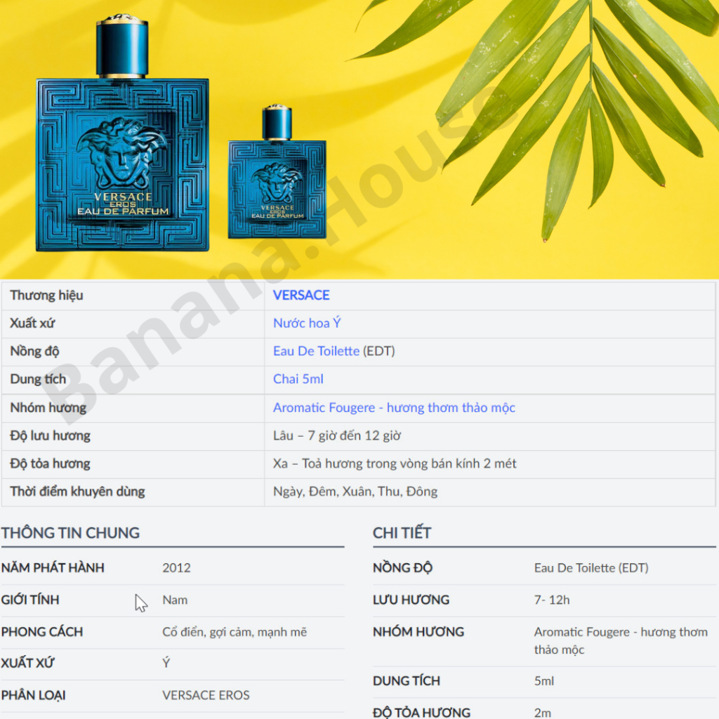 Nước Hoa Nam Mini Size Nam Tính Mạnh Mẽ Eros EDT 5ml