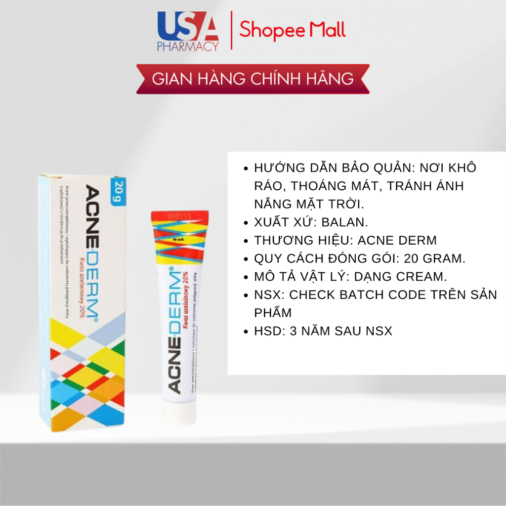 Kem Giảm Thâm Nám Và Giảm Mụn chứa 20% Azelaic Acne derm 20g Dạng Gel Bản Balan Chính Hãng.