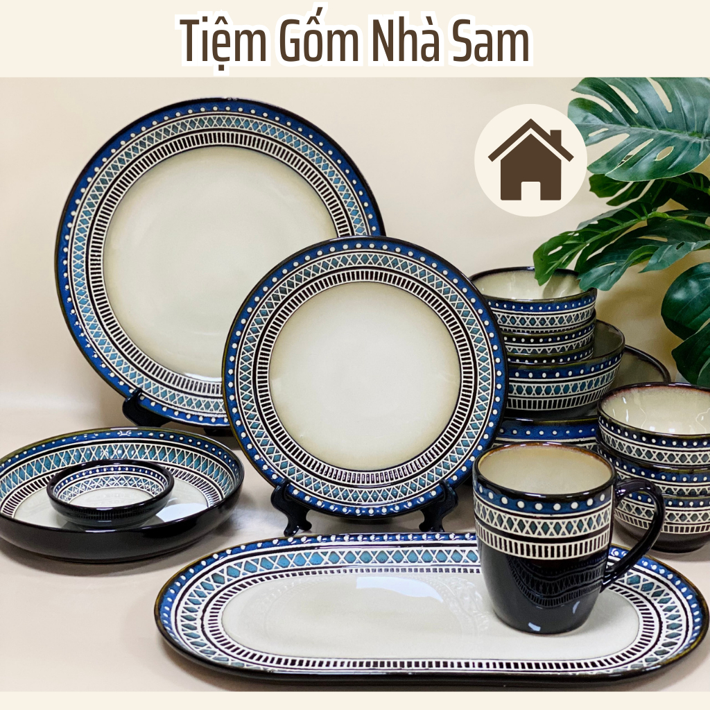 Bộ Chén Dĩa Cao Cấp Họa Tiết Thổ Cẩm Gốm Sứ ZAZU, bát đĩa decor cổ điển