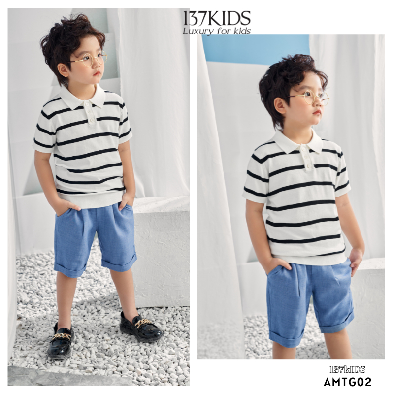 Áo polo len mongtoghi bé trai ngắn tay 137Kids kiểu kẻ sọc ngang vải dệt kim thoáng khí mát mẻ