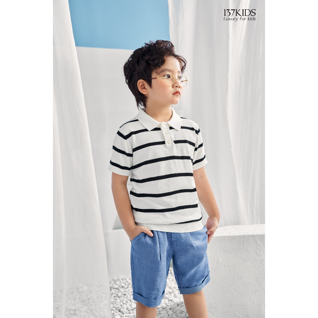 Áo polo len mongtoghi bé trai ngắn tay 137Kids kiểu kẻ sọc ngang vải dệt kim thoáng khí mát mẻ