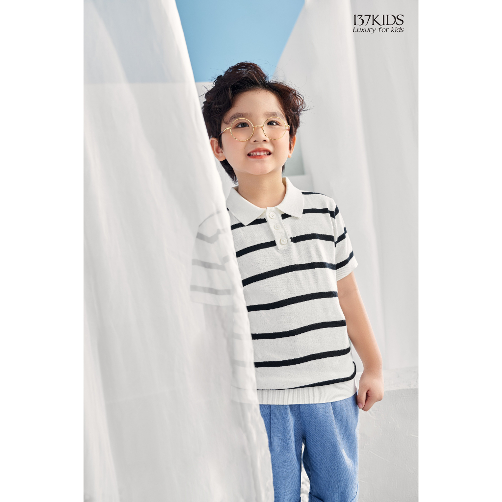 Áo polo len mongtoghi bé trai ngắn tay 137Kids kiểu kẻ sọc ngang vải dệt kim thoáng khí mát mẻ