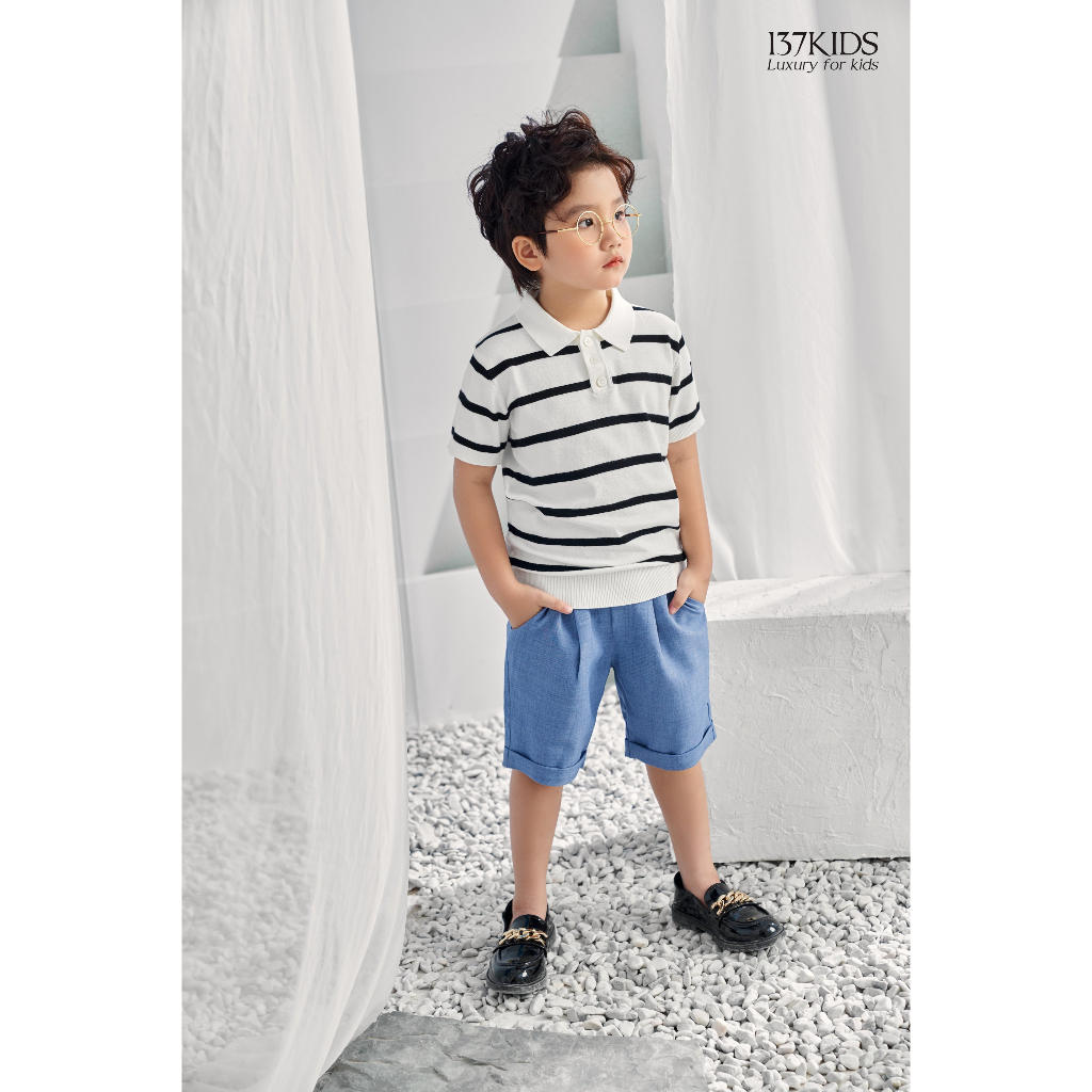 Áo polo len mongtoghi bé trai ngắn tay 137Kids kiểu kẻ sọc ngang vải dệt kim thoáng khí mát mẻ
