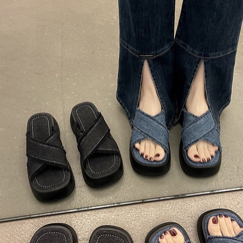 Dép nữ, dép bánh mì ulzzang quai chéo chết Jean Demi đế cao su cao 6cm hottrend quảng châu full box