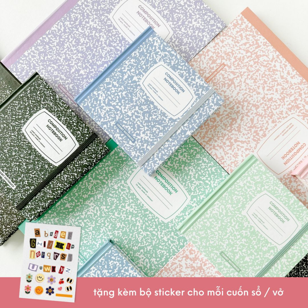 Sổ tay khổ vuông dot grid kẻ ngang tặng kèm sticker Crabit Composition Collection