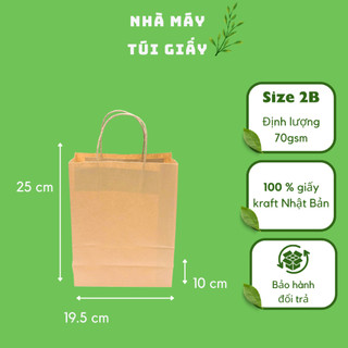 🌿100 túi giấy nâu có quai size 2B:19.5x10x 25.2 cm túi đựng hàng 3kg