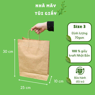 100 Chiếc túi giấy xi măng kraft màu nâu size 3: 25x10x30 cm có quai