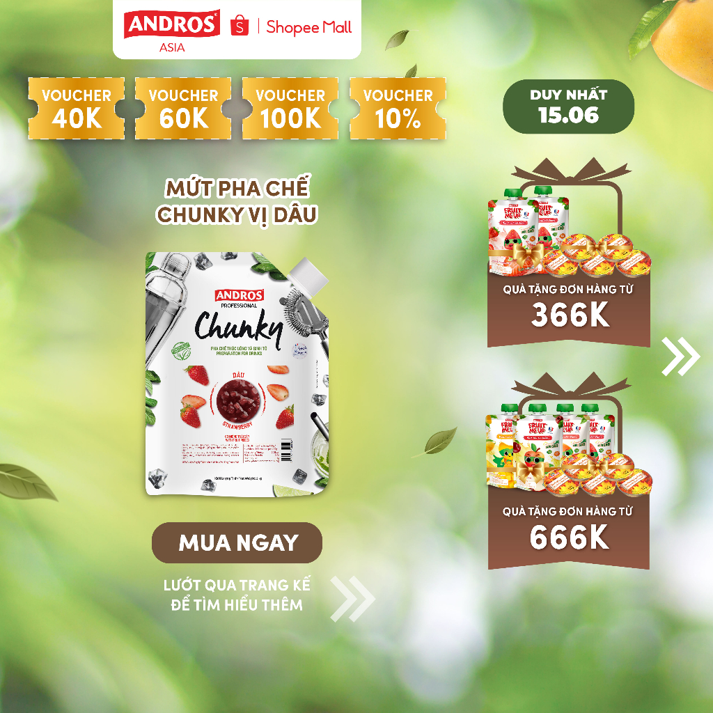 Mứt Trái Cây Pha Chế Dâu - Có miếng trái cây thật - ANDROS CHUNKY - 1kg