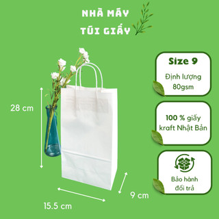 🌿10 chiếc túi giấy kraft Nhật màu trắng Size 9 -15.5x9x28cm có quai