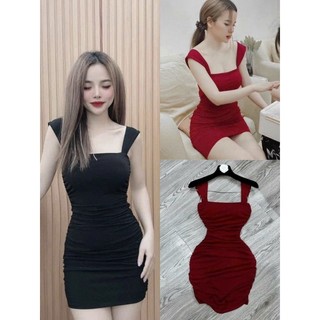 🛒 Đầm Cổ Vuông Hai Dây Bản To Xéo - Dáng Ngắn Nhún Hai Bên Hông Ôm Body Sexy - Tiểu Thư Bánh Bèo Cute Sang Chảnh Basic