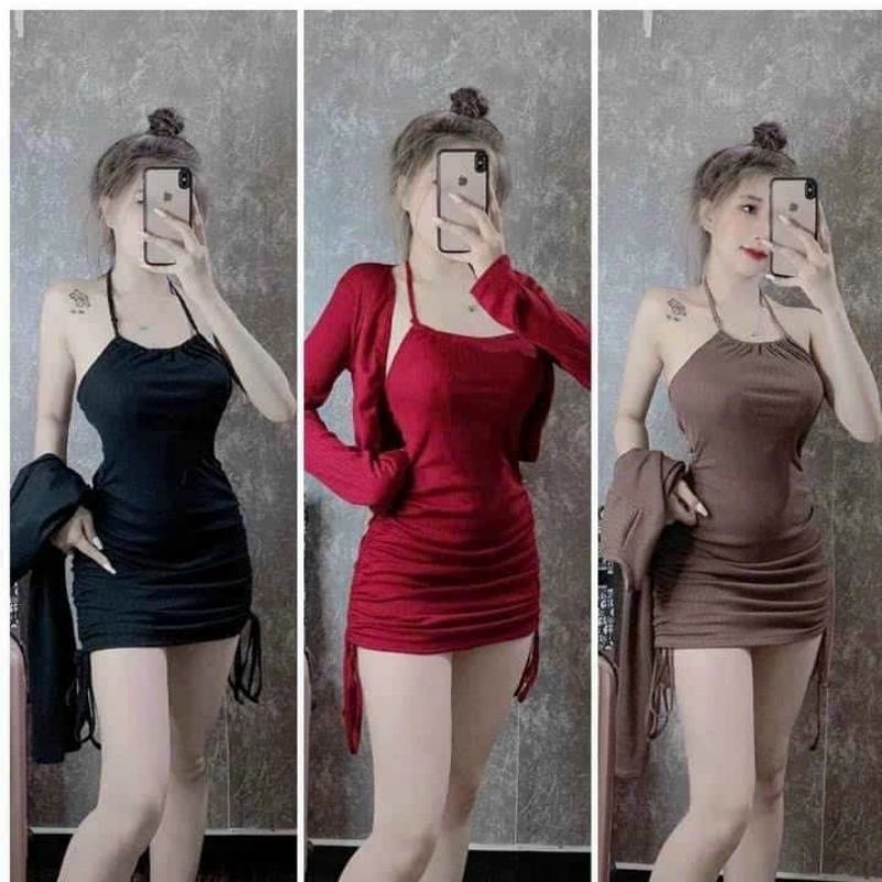 Set Áo Khoác Croptop Tay Dài Và Đầm Cột Dây Cổ Yếm Hở Lưng Rút Dây Hai Bên Hông - Ngắn Ôm Body Sexy Tiểu Thư Bánh Bèo LS