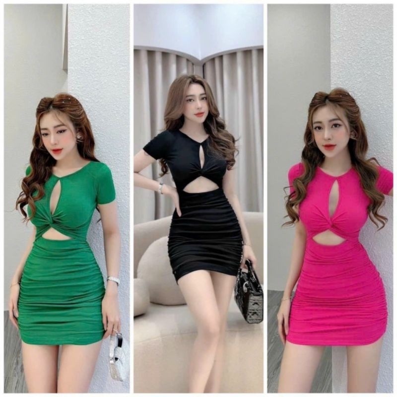 Đầm Tay Ngắn Cổ Tròn Xoắn Nơ Ngực Khoét Hở Ngực Và Bụng -Ngắn Nhún Hông Ôm Body Sexy - Tiểu Thư Bánh Bèo Cute Sang Chảnh