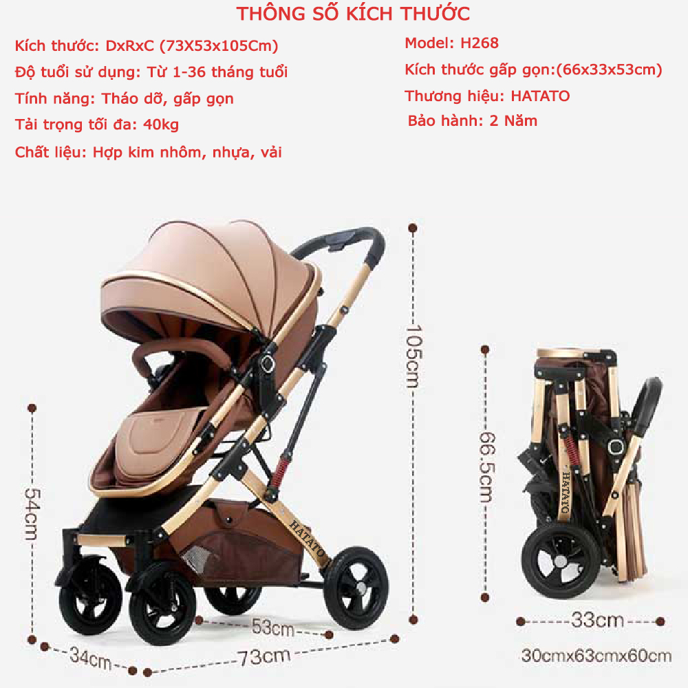Xe đẩy cho bé H268 Hatato BH-2 năm mẫu xe đẩy cho bé 2 chiều 3 tư thế và xe đẩy cho trẻ sơ sinh đến 3 tuổi