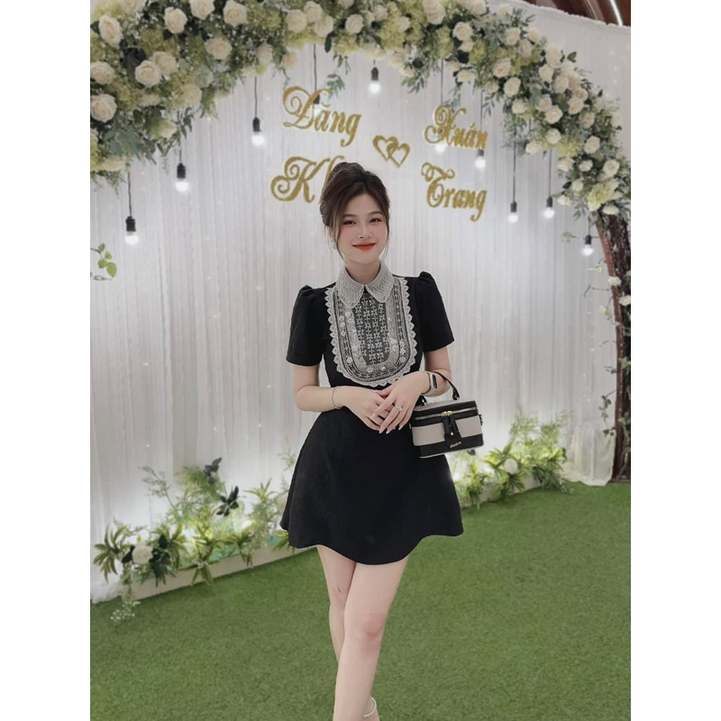 ĐẦM GẤM ĐEN CỔ SƠ MI PHỐI REN HOA KIM SA ✨