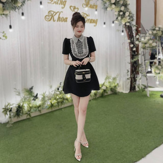 ĐẦM GẤM ĐEN CỔ SƠ MI PHỐI REN HOA KIM SA ✨🌺