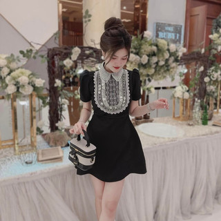 ĐẦM GẤM ĐEN CỔ SƠ MI PHỐI REN HOA KIM SA ✨🌺