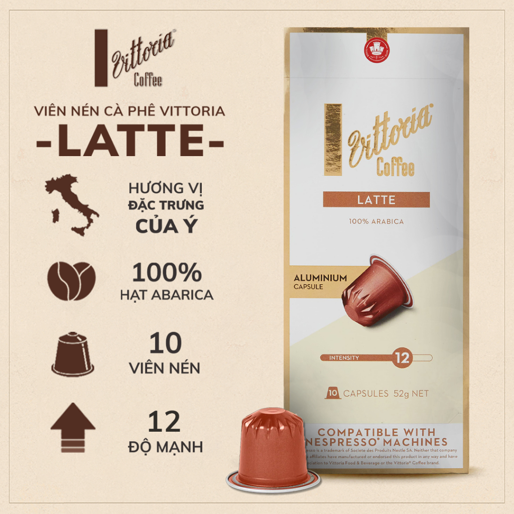 Cafe viên nén Vittoria Latte mang hương vị ngọt nhẹ tinh tế, hộp 10 viên