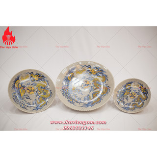 Mâm bồng men rạn Rồng Phượng Phúc Lộc Thọ Gốm sứ Bát Tràng