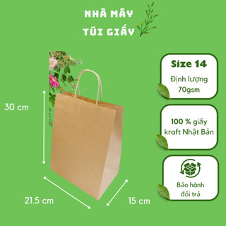 🌿100 chiếc túi giấy kraft Nhật size 14: 21.5x15x30 có quai