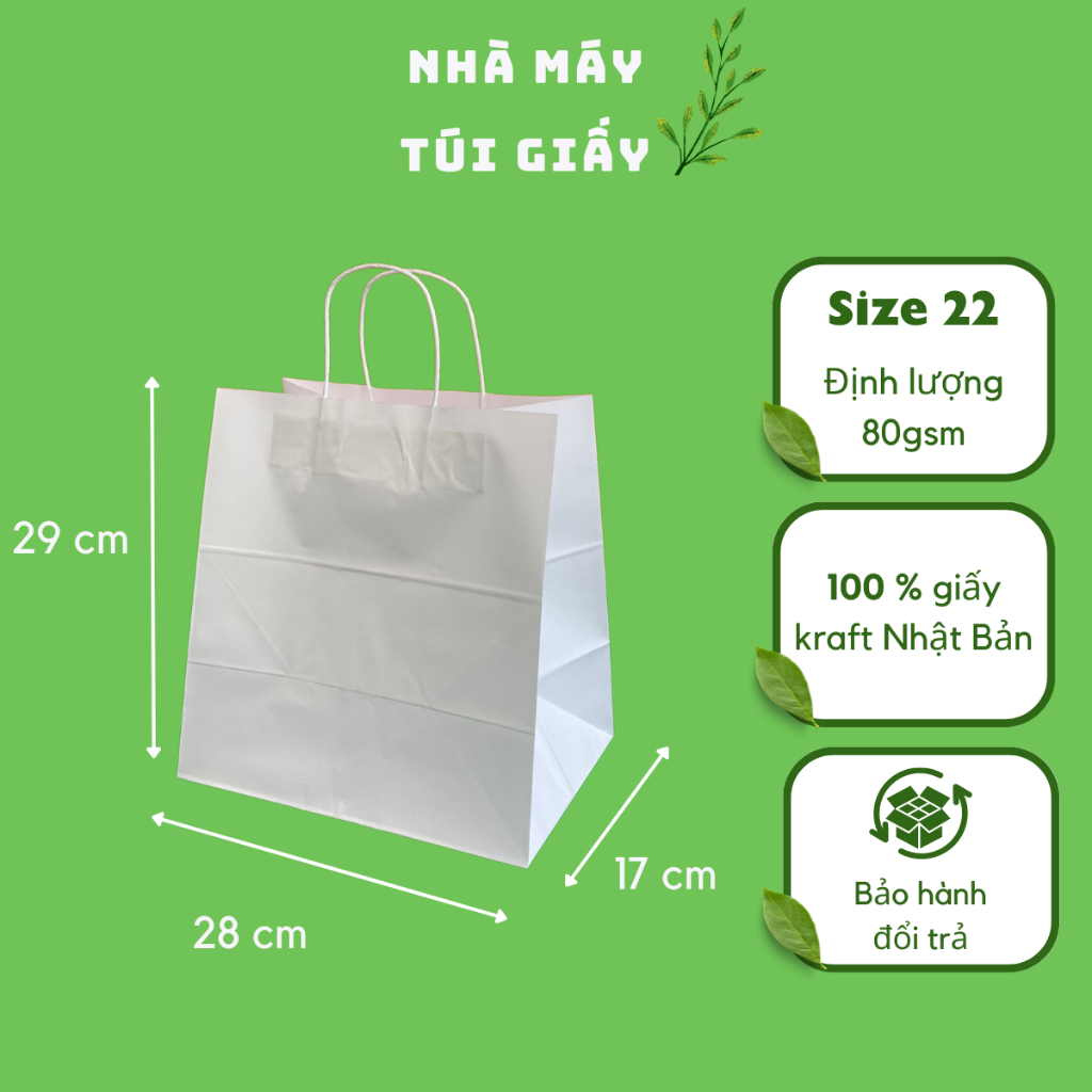 10 CHIẾC TÚI GIẤY KRAFT SIZE 22: 28x17x29 CM MÀU TRẮNG CÓ QUAI ( ẢNH THẬT)