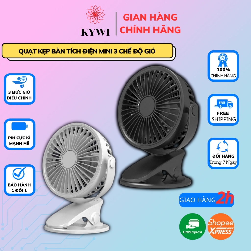 Quạt Kẹp Bàn Tích Điện Mini Kywi Để Bàn 3 Chế Độ Gió Siêu Mát