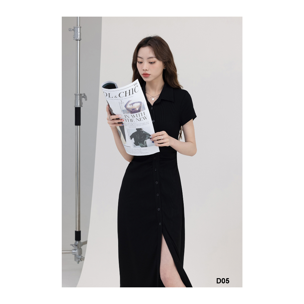 Đầm polo đen dáng dài, nhún eo che bụng siêu hack dáng D5