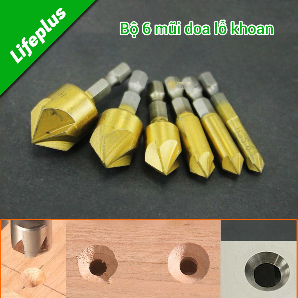 Bộ 6 mũi doa miệng lỗ gỗ bắt âm mũ vít 5 lưỡi phay phủ Titan 6-19mm chuôi lục