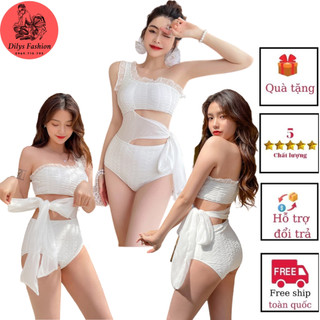 Bikini đi biển liền thân DILYSFASHION BK, Đồ bơi nữ 1 mảnh phong cách hàn quốc lệch vai bèo ngực nơ hông trẻ trung
