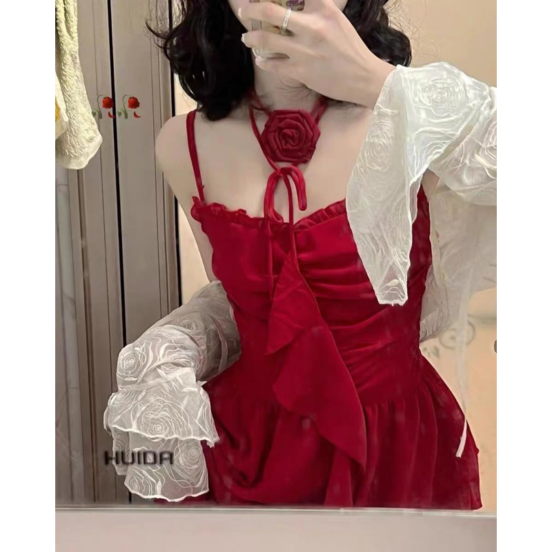 Đầm 2 dây ngắn chân váy xoè nhiều tầng tua rua +áo khoác cardigan ngắn dài tay ulzzang SAM SAM BOUTIQUE