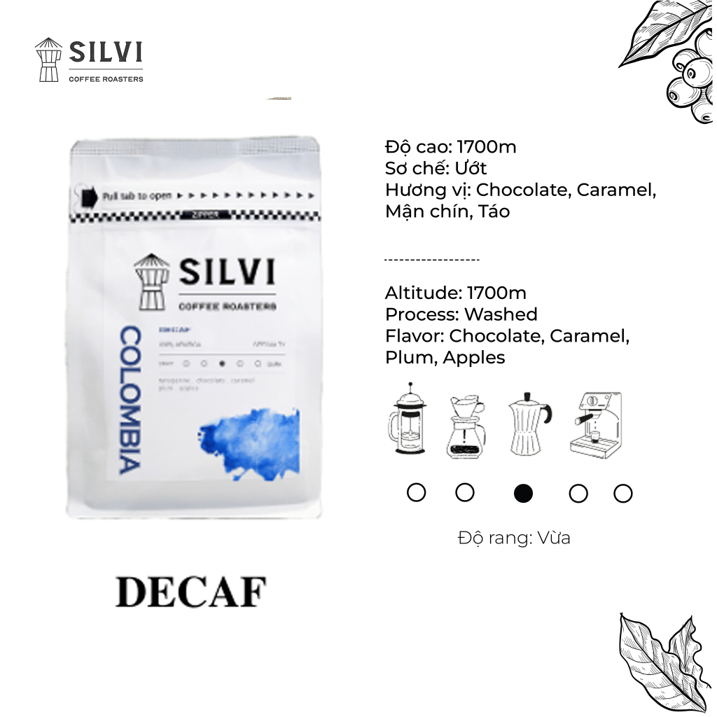 Cà phê Espresso Pha Máy Decaf Colombia Sugarcane Arabica - Silvi Specialty Coffee