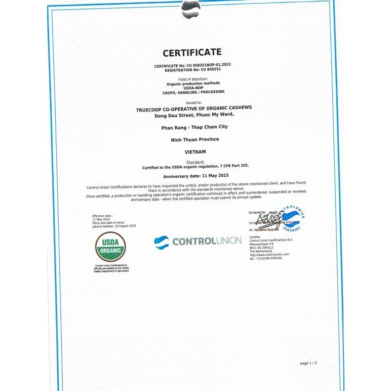 Hạt Điều Nhân Trắng Hữu Cơ Truecoop