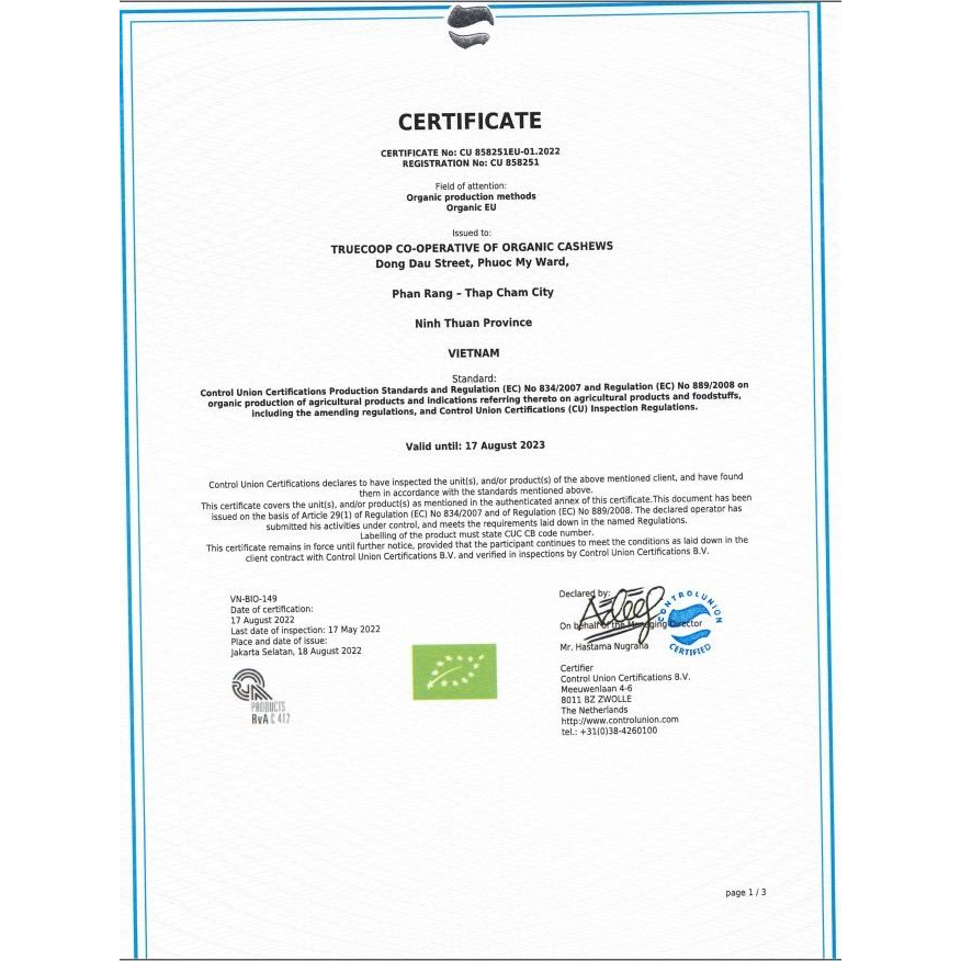 Hạt Điều Nhân Trắng Hữu Cơ Truecoop