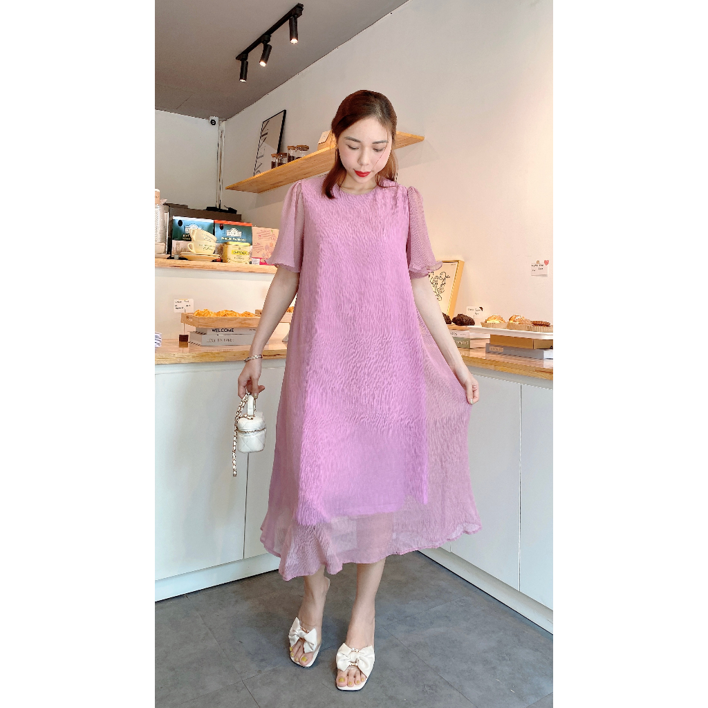 Váy bầu đẹp ELLIE đầm bầu dáng xuông, chất liệu Tơ 2 lớp phong cách Hàn Quốc nhẹ nhàng, mát mẻ phù hợp đi làm, đi chơi