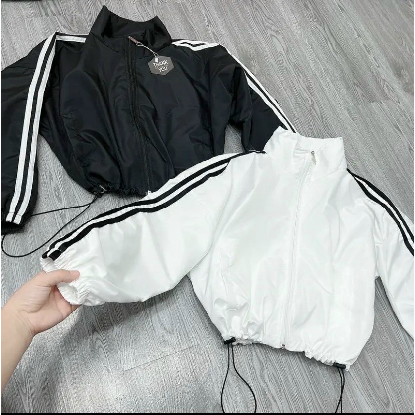 Áo Khoác Dù Croptop Lửng Tay Cánh Dơi Chạy 2 Sọc , Rút Eo - Áo Bomber Gió Kiểu Có Khóa Kéo Zip