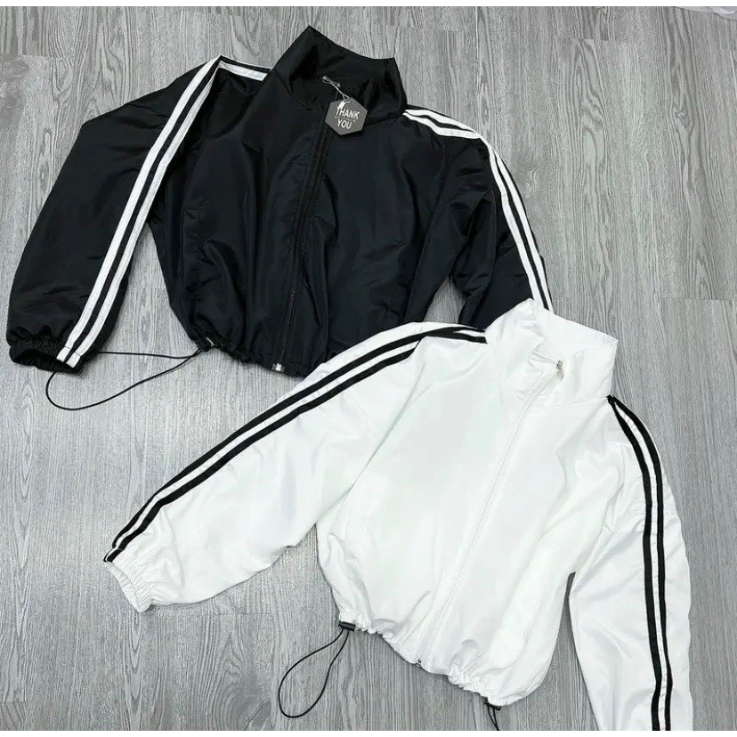 Áo Khoác Dù Croptop Lửng Tay Cánh Dơi Chạy 2 Sọc , Rút Eo - Áo Bomber Gió Kiểu Có Khóa Kéo Zip