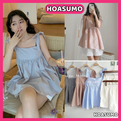 Set bộ áo babydoll 2 dây kẻ xanh,hồng,đem xốp kèm quần sooc trắng SB405 HOASUMO