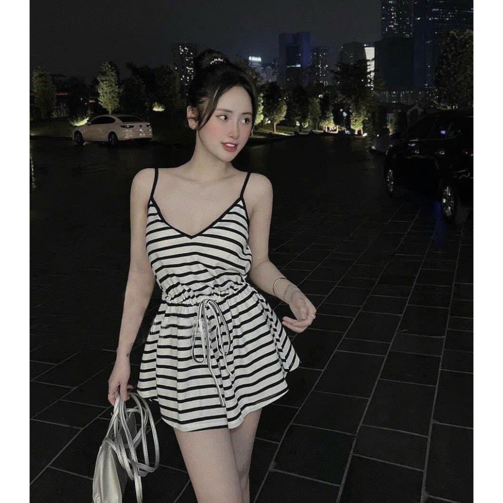 jump nữ 2 dây cổ v sọc ngang quần xòe chun eo ls