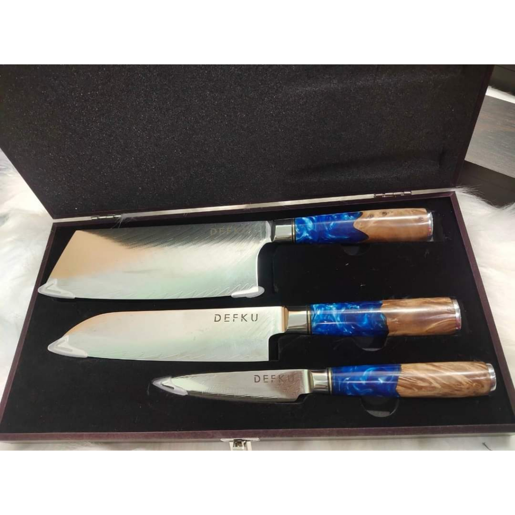 Bộ Dao Damacus 3 Món Full Hộp Gỗ,Loại Thép Damacus 67 lớp, Lõi thép VG10 Carbon Cao Cấp.