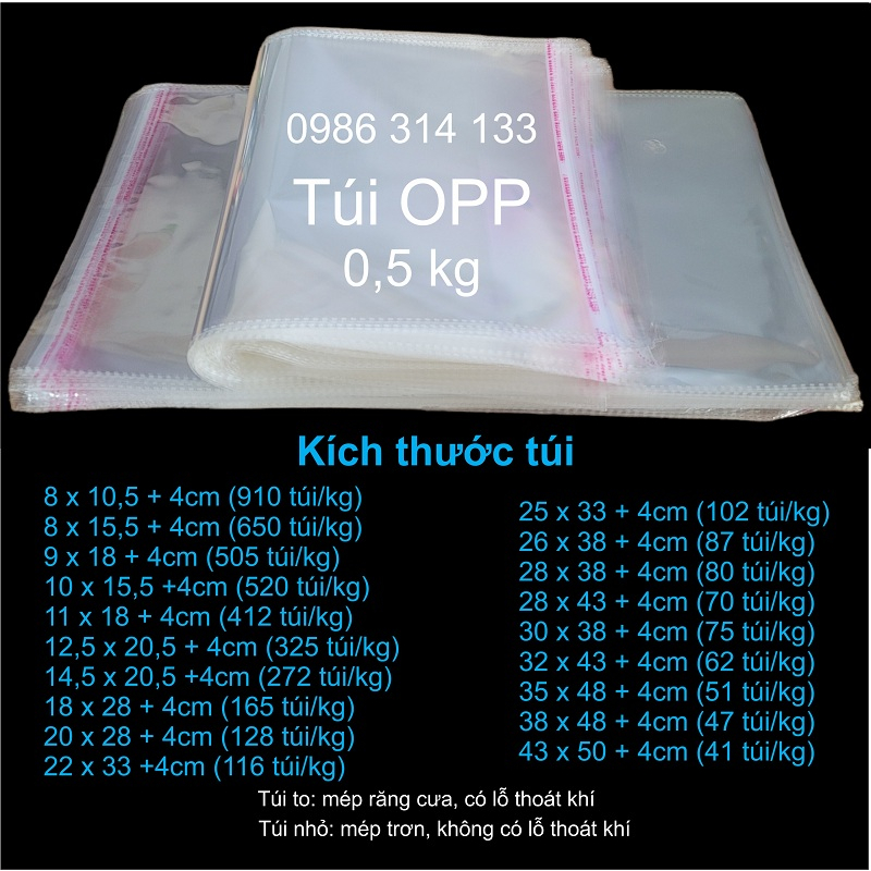 0,5Kg - Túi Bóng Kính OPP Dán Miệng Nhiều Kích Thước- Đóng Quần Áo