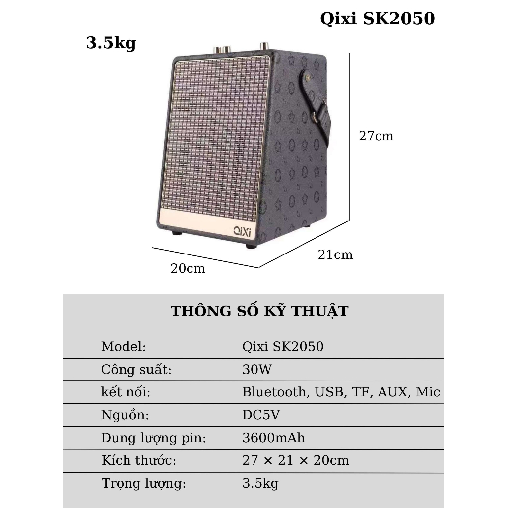 Loa Bluetooth Karaoke Qixi SK2050 - Bass Êm Pin 3.600mAh Kèm 2 Micro Không Dây