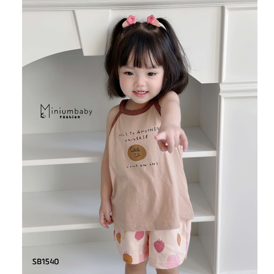 Bộ đồ 2 dây cho bé gái, áo phối viền in chữ,mặt cười chất liệu 100% cotton thoáng mát thấm hút mồ Miniumbaby-SB1540