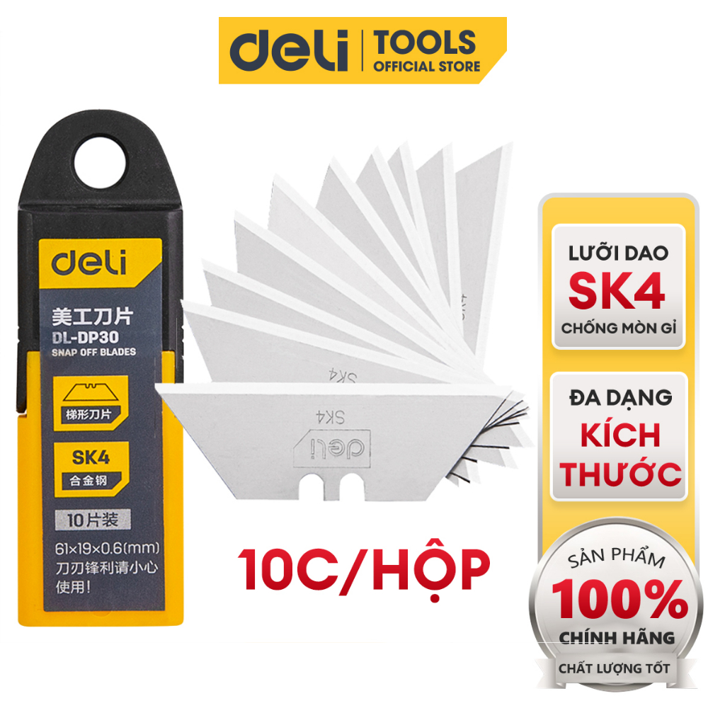 Lưỡi Dao Rọc Giấy Deli Hộp 10 Chiếc - Lưỡi Dao SK4 Cao Cấp Sắc Bén, Chống Mòn, Gỉ - An Toàn, Phù Hợp Với Nhiều Loại Dao