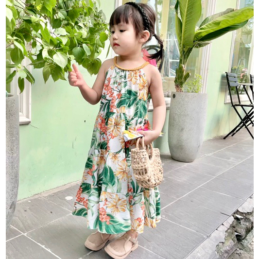 Váy maxi bé gái PUKAKIDS - V16, maxi đi biển cho bé, váy maxi họa tiết hoa lá cho bé 12 - 28kg