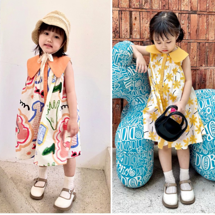 Váy bé gái PUKA KIDS - V4, váy ba lỗ, không tay cổ tai thỏ họa tiết hoạt hình cho bé gái từ 9 - 28 kg